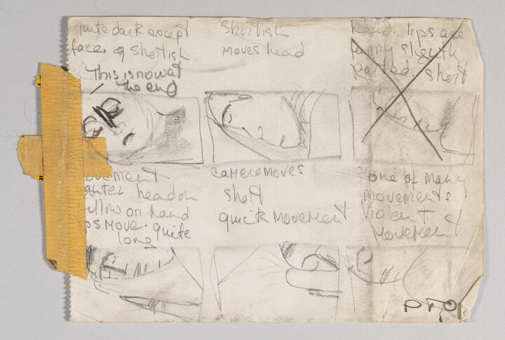 A story board sketch in pencil of a man sleeping. The imagined camera sees him from different angles. One angle is crossed out.