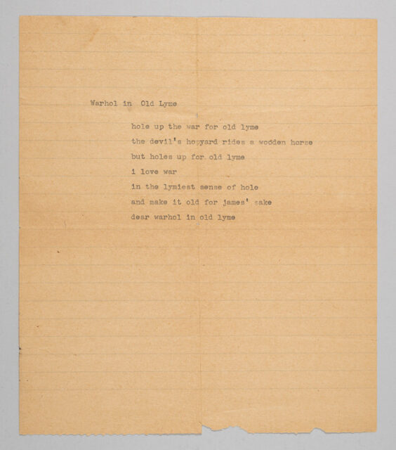 A lined manila paper including a poem, typed by a type-writer. It is titled "Warhol in Old Lyme".