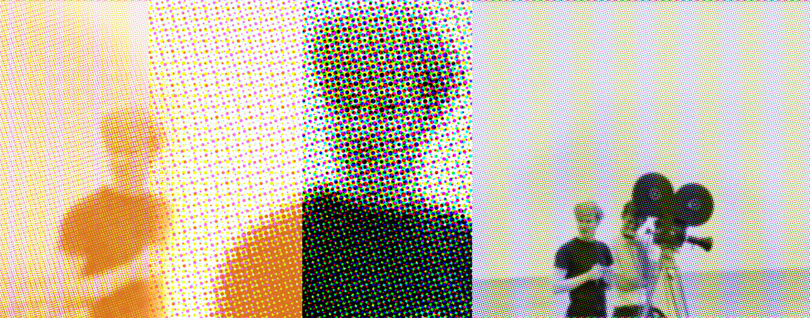 Stylized banner of an image of Andy Warhol and another person standing by a large film movie camera on a tripod. The image of Andy is repeated twice in different sizes and color treatments.