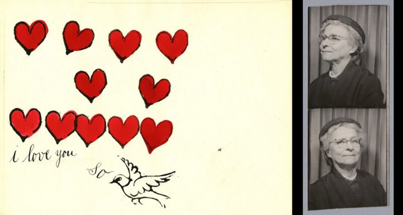 A vintage photo booth strip shows a person with glasses and a hat against a curtain backdrop, alongside another artwork. The artwork has red hearts, a drawn bird, and the handwritten message i love you so.