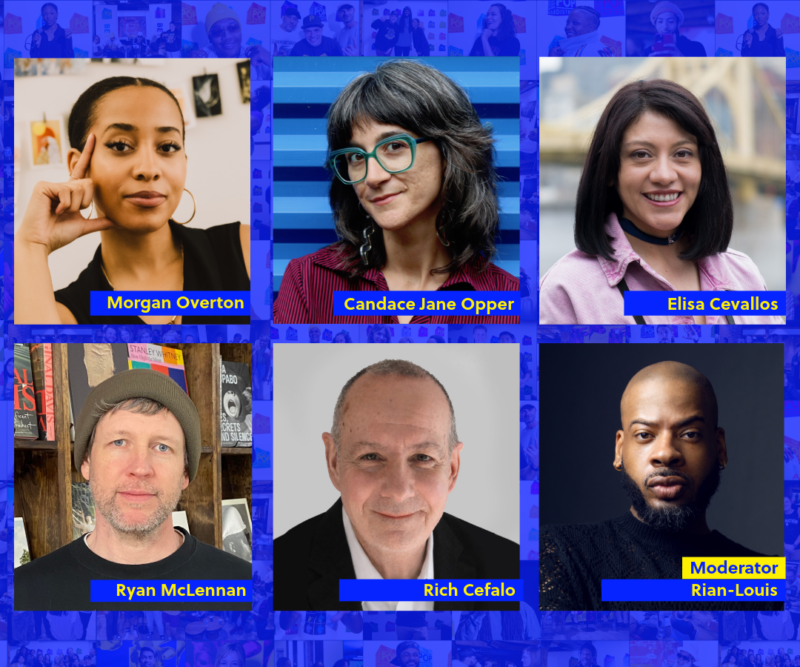 Graphic of six people’s headshots on a blue background.