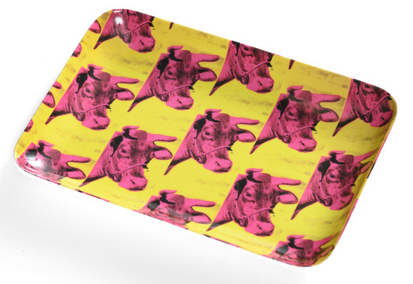 Pink cow on yellow wallpaper art by Andy Warhol, printed on a rounded edge trinket tray