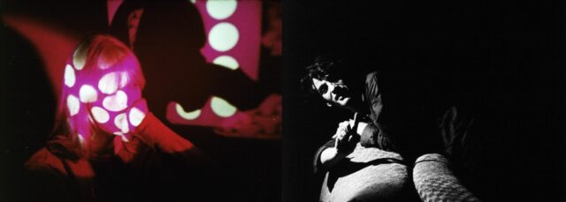 Double screen projection of Andy Warhol's The Chelsea Girls. The left side is a woman who's hand is resting on her chin, projected over her is a transparent slide of pink with white dots. The right side is a black and white image of a man reclining to the left of frame.