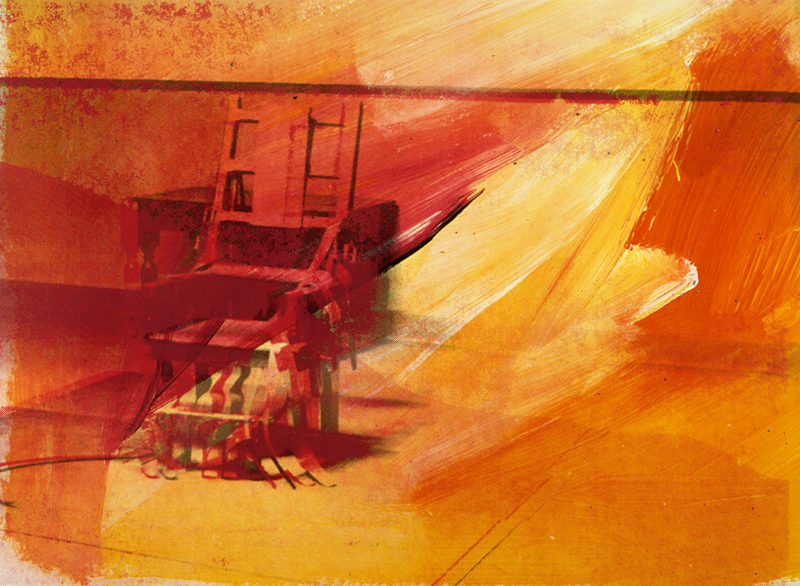 Screenprint featuring an electric chair in warm tones of red and orange with dynamic, swirling brushstrokes.