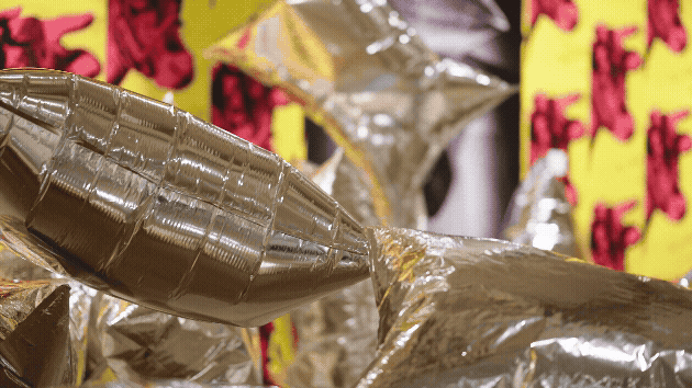 Animated GIF of silver balloons that are an artwork by Andy Warhol titled Silver Clouds. In the background the walls covered in out of focus wallpaper of pink cow heads on a yellow background.