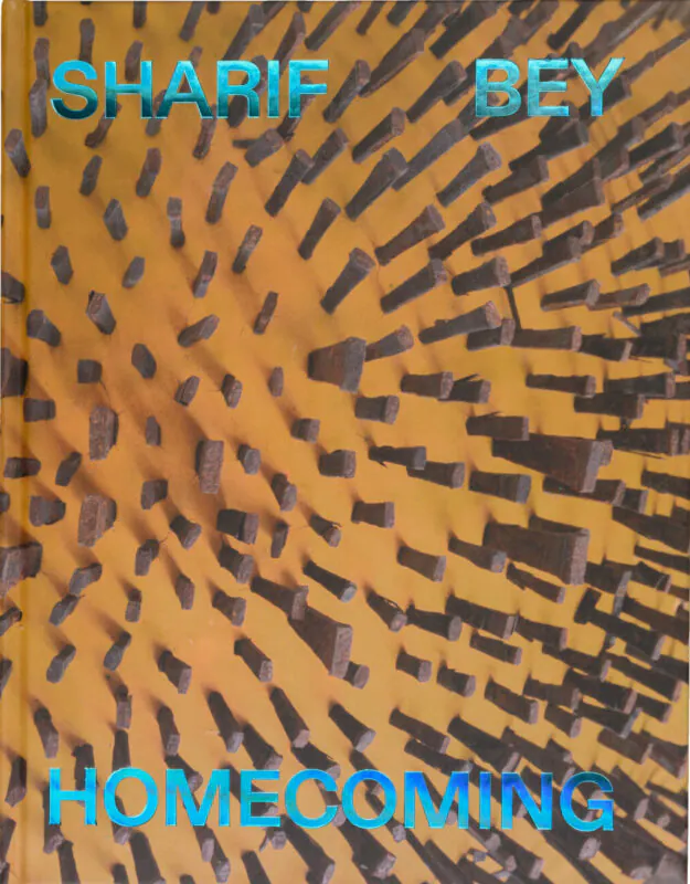 An orange and brown cover of a hardback book with the text Sharif Bey Homecoming. The cover image appears to be spikes pushed into yellow/orange clay