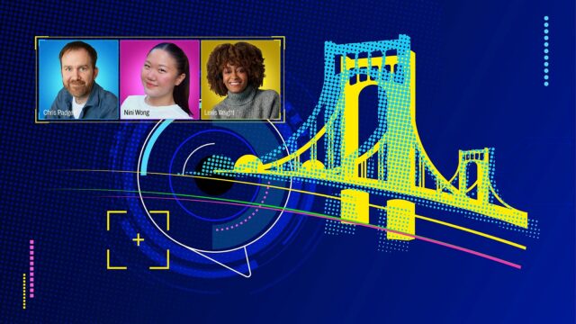 Three portraits at the top: Reilly McKay, Nini Wong, and Lexis Wright, each in a colorful frame. Below is a stylized illustration of a Pittsburgh bridge on a dark blue, futuristic background with abstract geometric shapes.